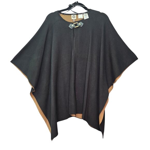 Anne Klein Poncho Cape Womens Medium Black Tan Knit Old Money Equestrian Boho - Picture 1 of 14